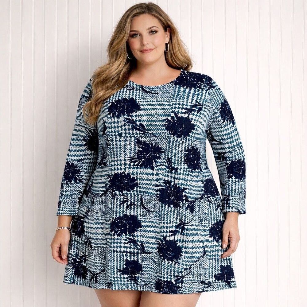 Avenue Dress Womens 26/28 NWT Blue‎ Floral Houndstooth Long Sleeve Plus Size
